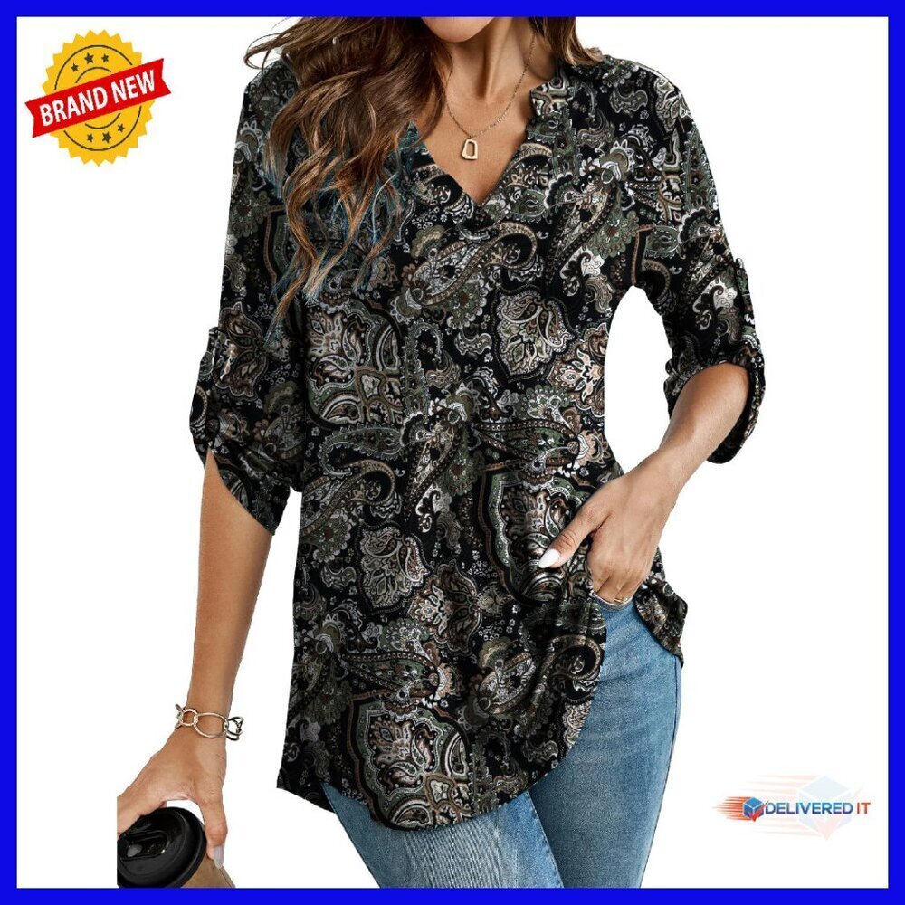 Plus Size 3/4 Sleeve V Neck Tunic Top Soft Stretchy Blouse